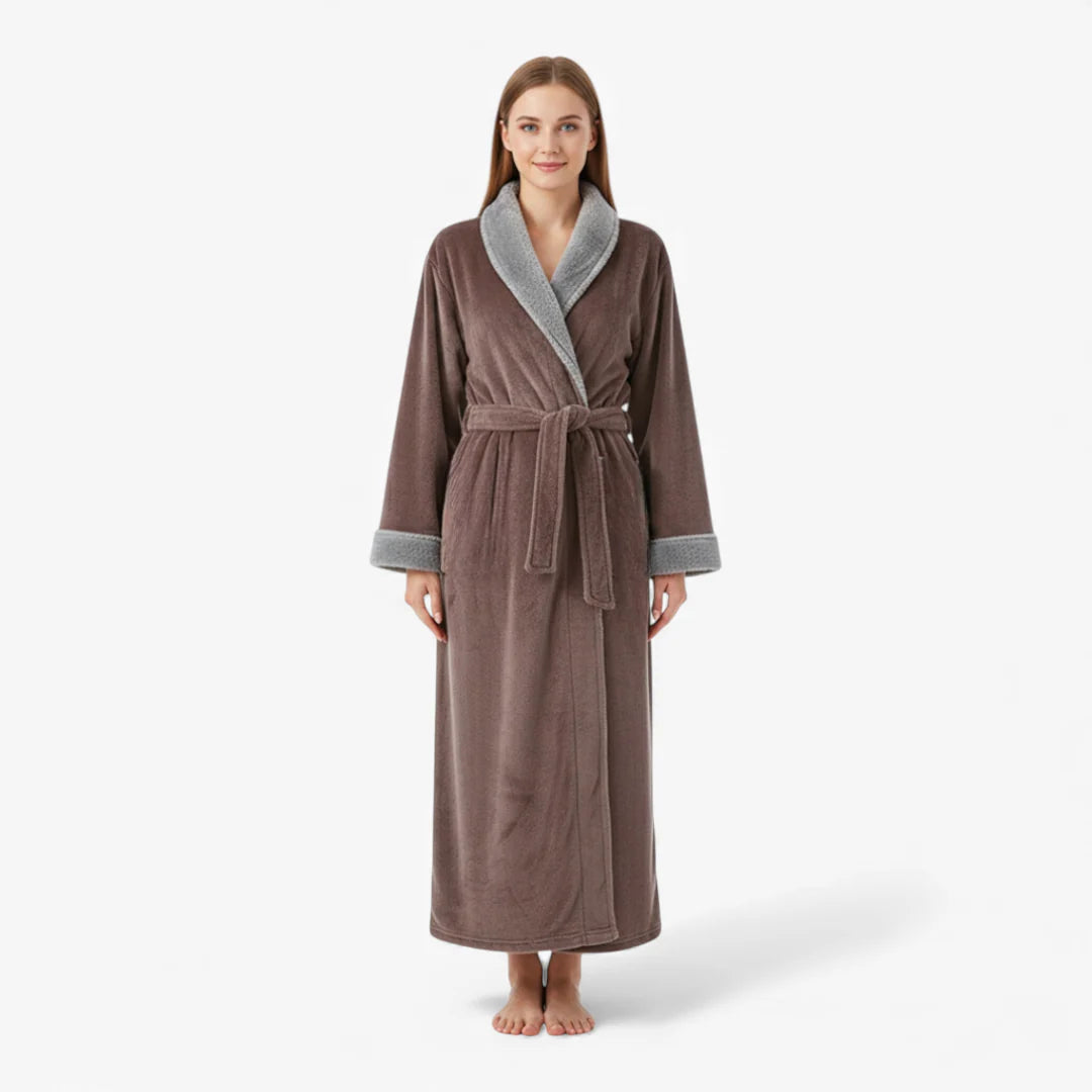 Damen-Winter-Bademantel – Lang, Braun, aus Flanell